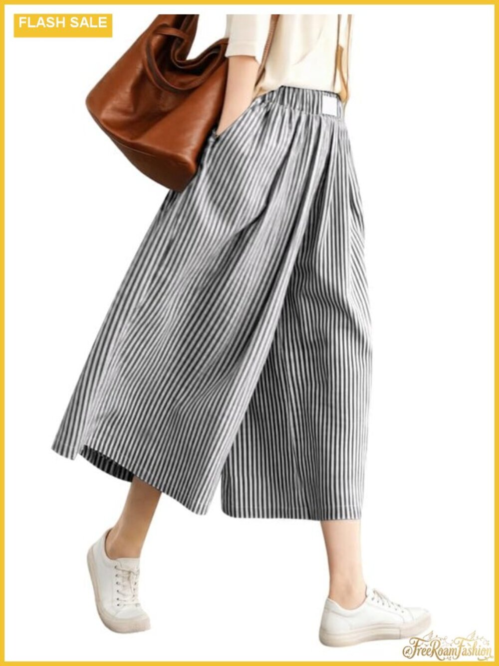 Marvmys Women's Cotton Capri Pants Wide Leg Palazzo Culottes with Pockets